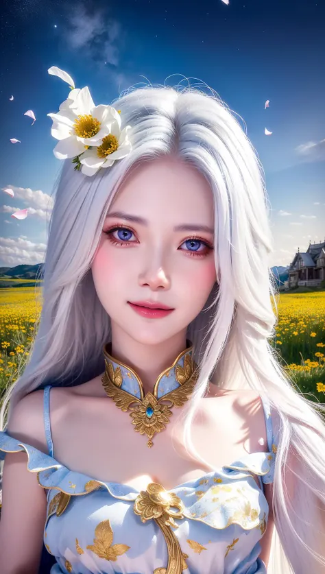 masterpiece, best quality, 1girl, (colorful),(finely detailed beautiful eyes and detailed face),cinematic lighting,bust shot,extremely detailed CG unity 8k wallpaper,white hair,solo,smile,intricate skirt,((flying petal)),(Flowery meadow) sky, cloudy_sky, building, moonlight, moon, night, (dark theme:1.3), light, fantasy