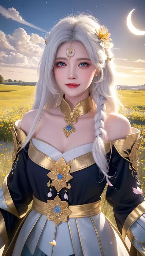 masterpiece, best quality, 1girl, (colorful),(finely detailed beautiful eyes and detailed face),cinematic lighting,bust shot,extremely detailed CG unity 8k wallpaper,white hair,solo,smile,intricate skirt,((flying petal)),(Flowery meadow) sky, cloudy_sky, building, moonlight, moon, night, (dark theme:1.3), light, fantasy