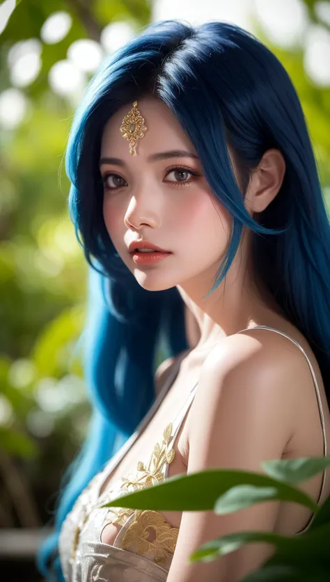 fashion photography portrait of indian girl with blue hair, in lush jungle with flowers, 3d render, cgi, symetrical, octane render, 35mm, bokeh, 9:16, (intricate details:1.12), hdr, (intricate details, hyperdetailed:1.15), (natural skin texture, hyperrealism, soft light, sharp:1.2), detailed, sunlight passing through foliage