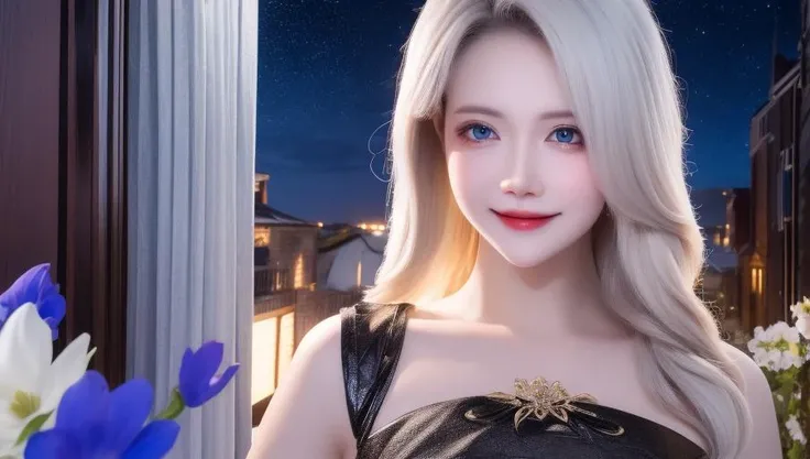 masterpiece, best quality, 1girl, (colorful),(finely detailed beautiful eyes and detailed face),cinematic lighting,bust shot,extremely detailed CG unity 8k wallpaper,white hair,solo,smile,intricate skirt,((flying petal)),(Flowery meadow) sky, cloudy_sky, building, moonlight, moon, night, (dark theme:1.3), light, fantasy