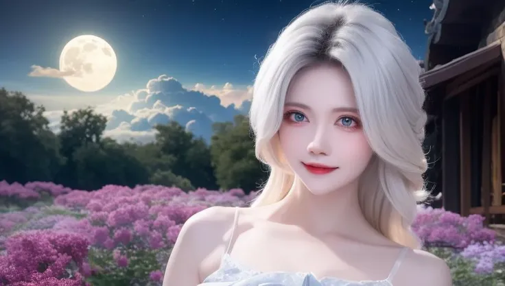 masterpiece, best quality, 1girl, (colorful),(finely detailed beautiful eyes and detailed face),cinematic lighting,bust shot,extremely detailed CG unity 8k wallpaper,white hair,solo,smile,intricate skirt,((flying petal)),(Flowery meadow) sky, cloudy_sky, building, moonlight, moon, night, (dark theme:1.3), light, fantasy