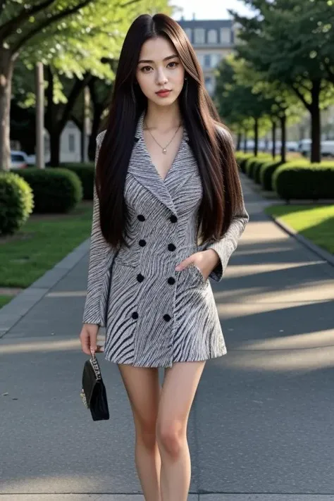 1woman, long hair, realistic, masterpiece, high detailed skin, looking at viewer, outdoor view, solo, full body shot
<lora:Zebra_Jacket_Dress_By_Stable_Yogi:1>zebra print, jacket, short dress, button