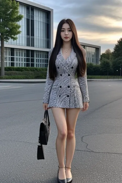 1woman, long hair, realistic, masterpiece, high detailed skin, looking at viewer, outdoor view, solo, full body shot
<lora:Zebra_Jacket_Dress_By_Stable_Yogi:1>zebra print, jacket, short dress, button