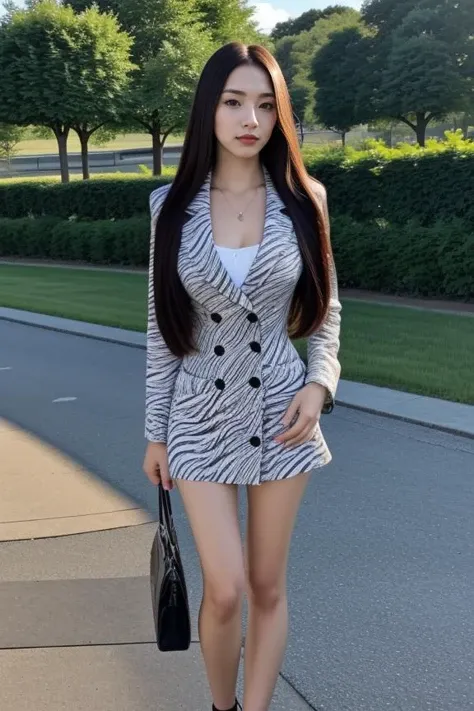 1woman, long hair, realistic, masterpiece, high detailed skin, looking at viewer, outdoor view, solo, full body shot
<lora:Zebra_Jacket_Dress_By_Stable_Yogi:1>zebra print, jacket, short dress, button