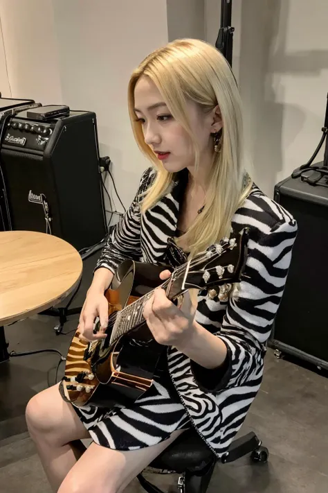 masterpiece,best quality,
1girl,blonde hair,hold guitar,dynmic,microphone,microphone stand,
rihasuta,drum,instrument,drum set,keyboard (instrument),amplifier,guitar,speaker,scenery,indoors,microphone,chair,electric guitar,drumsticks,
<lora:rihasuta-000004:0.5>,<lora:Zebra_Jacket_Dress_By_Stable_Yogi:0.6>,zebra print,jacket,short dress,button,
