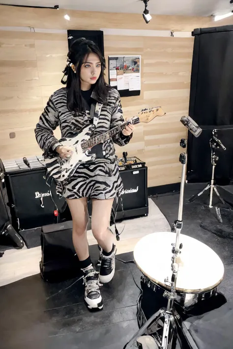 masterpiece,best quality,ultra-detailed,illustration,
1girl,hold guitar,dynmic,microphone,microphone stand,
rihasuta,drum,instrument,drum set,keyboard (instrument),amplifier,guitar,speaker,scenery,indoors,microphone,chair,electric guitar,drumsticks,
<lora:rihasuta-000004:0.8>,<lora:Zebra_Jacket_Dress_By_Stable_Yogi:0.7>,zebra print,jacket,short dress,button,