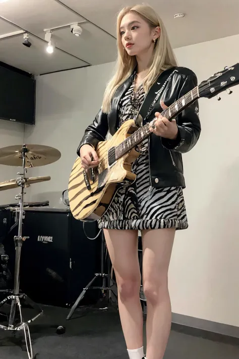 from front,masterpiece,best quality,
1girl,blonde hair,hold guitar,dynmic,microphone,microphone stand,
rihasuta,drum,instrument,drum set,keyboard (instrument),amplifier,guitar,speaker,scenery,indoors,microphone,chair,electric guitar,drumsticks,
<lora:rihasuta-000004:0.5>,<lora:Zebra_Jacket_Dress_By_Stable_Yogi:0.6>,zebra print,jacket,short dress,button,