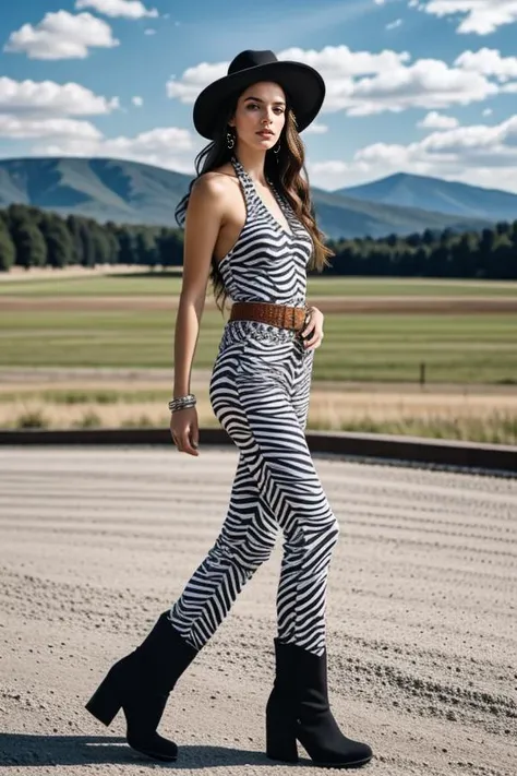 1woman, long hair, realistic, masterpiece, high detailed skin, looking at viewer, outdoor view, solo, full body shot
<lora:Zebra_Flair_Pants_Top_By_Stable_Yogi:0.8> zebra print, flare pants, halter top, hat, belt, boots