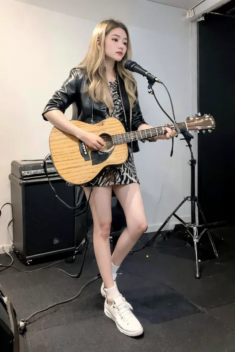 Nudist musical group full body naked woman sitting barefoot playing drums and full body naked woman stands barefoot playing guitar and full body naked woman stands barefoot playing bass instruments