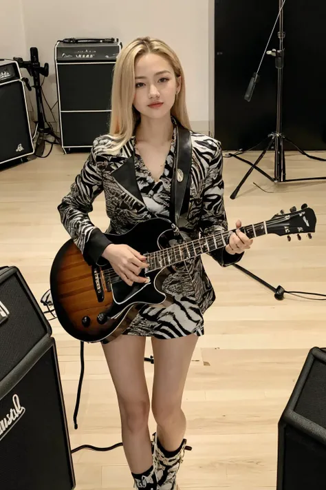 masterpiece,best quality,
1girl,blonde hair,hold guitar,dynmic,microphone,microphone stand,
rihasuta,drum,instrument,drum set,keyboard (instrument),amplifier,guitar,speaker,scenery,indoors,microphone,chair,electric guitar,drumsticks,
<lora:rihasuta-000004:0.5>,<lora:Zebra_Jacket_Dress_By_Stable_Yogi:0.6>,zebra print,jacket,short dress,button,