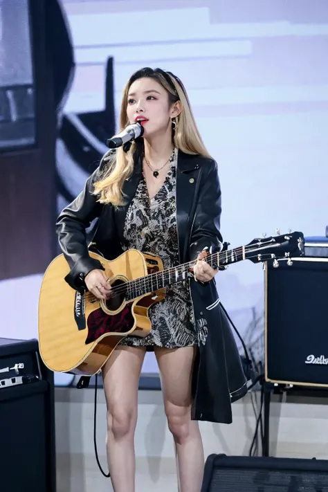 from front,masterpiece,best quality,
1girl,blonde hair,hold guitar,dynmic,bare legs,microphone,microphone stand,
rihasuta,drum,instrument,drum set,keyboard (instrument),amplifier,guitar,speaker,scenery,indoors,microphone,chair,electric guitar,drumsticks,
<lora:rihasuta-000004:0.5>,<lora:Zebra_Jacket_Dress_By_Stable_Yogi:0.6>,zebra print,jacket,short dress,button,