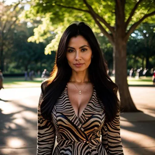 photograph, close up, elegant bolivian milf, standing in a park,<lora:Zebra_Jacket_Dress_By_Stable_Yogi:1>, zebra print, jacket, short dress, button, Aloeamateur
