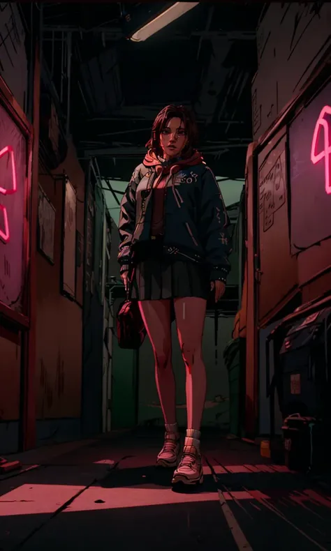 1girl, 8k, uhd, best quality, masterpiece, trending on arstation, new york, neon signs, cell shaded, short skirt, TWAU2, cinematic lighting