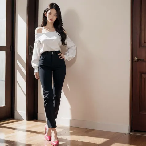 2girls, multiple girls, long hair, black hair, high heels, shirt, pants, blue footwear, standing, white shirt, looking at viewer, realistic, hand on hip, full body, long sleeves, off-shoulder shirt, off shoulder, black shirt, breasts, smile, pink footwear, lips, high-waist pants, brown eyes, closed mouth, red footwear, bare shoulders, wall, collarbone, masterpiece, best quality, ultra-detailed,hires,8k,