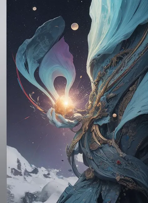 (background colorful:1.2), Philosophy, Tao
Background: pulse emissions, non-standard planet with particles around (perfect details, high quality, detail)
Foreground: Core that has realized itself (detailed interpretation of consciousness as a starting point) - rebirth