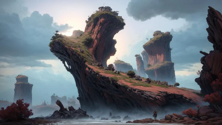 excellent oil painting of a soaring, Multi-dimensional portal hub, Post-apocalyptic wasteland, A world with unpredictable gravity fluctuations, leading to floating islands and erratic weather patterns., Post-apocalyptic wasteland landscape, vibrant colors, powerfull style with epic dramatism, small willage, mistery land, best quality, maximum quality, intricate details, ultrasahrp, ambient oclusion, realistic shadows, art by Bastien Lecouffe Deharme, 8k, oil art, <lora:add_detail:1> <lora:royta v1.1:0.4>8k perfect quality, dramatic magic wind with blowing leafs and flowers w