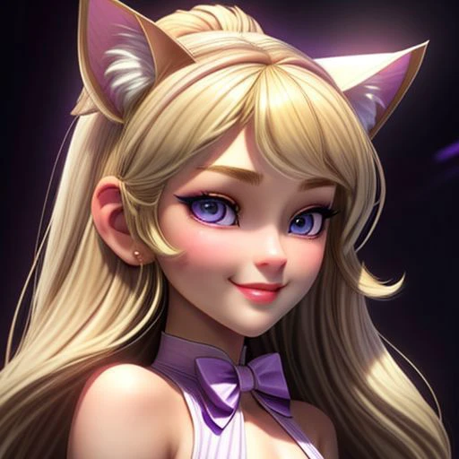 (Photorealistic), (highly detailed), (1girl), 18yo+, young adult++, petite++, long (blonde hair)+, detailed (almond shaped eyes), detailed (blonde cat ears)++, (smug smile)+, detailed (facial features)+, (bow-shaped lips), (snub nose)+, (small round chin)+, (feint makeup)+, (round chin), detailed (white skin), (female nightclub attire)+, (accurate body proportions)++, purple+, volumetric lighting, volumetric shadows, basic background, unposed, candid photography