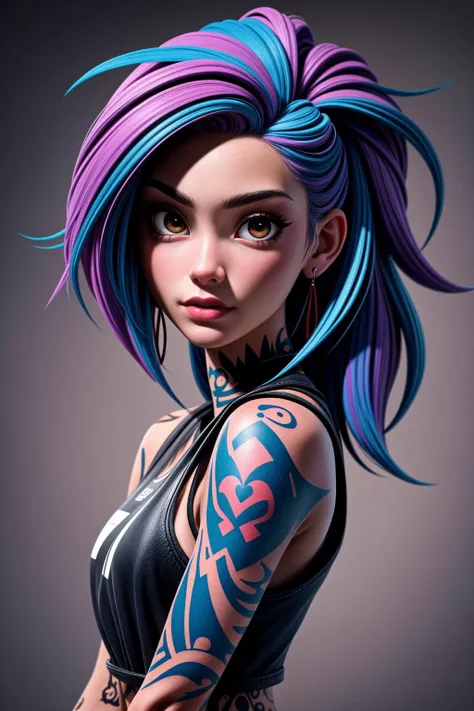 Create a portrait of a young woman with a distinctive and intricate array of tattoos covering her arms, neck, and visible parts of her body, featuring a mix of styles ranging from traditional and tribal to contemporary and geometric, Use a color palette that complements the vibrant and bold nature of tattoos, and capture the essence of the girl's personality through her expression, blending confidence, mystery, and perhaps a hint of rebellion, Pay attention to the fine details of the tattoos, ensuring each one has a unique story and contributes to the overall visual impact of the portrait, Consider placing the girl in an environment that complements the tattooed aesthetic, whether it's an urban setting, an art studio, or a backdrop that enhances the edgy and artistic vibe of the composition, <lora:more_details:0.5>