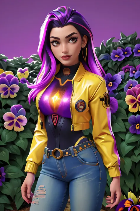 stylized graphic novel illustration, (Radiance Glam Bodysuit:1.1) (Chromatic Citrine Yellow Denim Jacket with holographic patches:1.1) (Gulfweed,Pansy Garden color background:1.3) (best quality, masterpiece, RAW photo,ultra-detailed:1.2), 1girl,solo,looking at viewer, (large breasts), <lora:valorant_reyna:1>