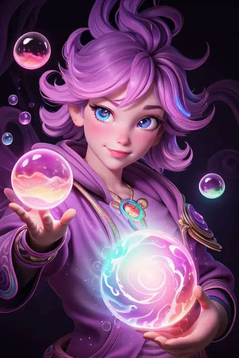 (style-swirlmagic:0.8), portrait, solo, upper body, looking at viewer, detailed background, detailed face, (<lora:ElementalMagicAIv2:0.6>, LightningMagicAI theme:1.1), bubble-mage, happy, levitating, Rose taupe mage robes, surrounded by colorful bubbles, floating orbs, vortex, floating particles, foam, glowing bubbles, swirling bubbles, mesmerizing, bubbles in background, dazzling colors, bright lighting, fog, jovial magical atmosphere,