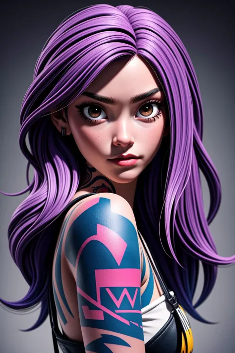 Create a portrait of a young woman with a distinctive and intricate array of tattoos covering her arms, neck, and visible parts of her body, featuring a mix of styles ranging from traditional and tribal to contemporary and geometric, Use a color palette that complements the vibrant and bold nature of tattoos, and capture the essence of the girl's personality through her expression, blending confidence, mystery, and perhaps a hint of rebellion, Pay attention to the fine details of the tattoos, ensuring each one has a unique story and contributes to the overall visual impact of the portrait, Consider placing the girl in an environment that complements the tattooed aesthetic, whether it's an urban setting, an art studio, or a backdrop that enhances the edgy and artistic vibe of the composition, <lora:more_details:0.5>