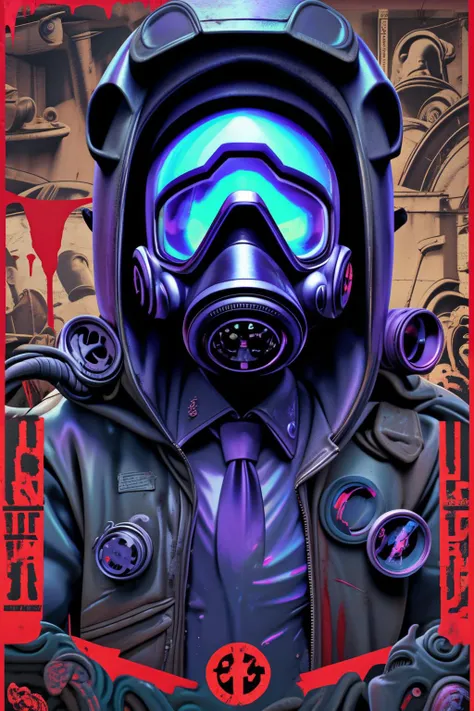(masterpiece, hyperdetailed, best quality), ((poster, texts, lettering)), illustration, (gas mask, hood, jacket, shirt, necktie), ((blood)), ((iridescent)), grain, vignette,<lora:FX\photo concept\acid 3.safetensors:1.0:1.0>