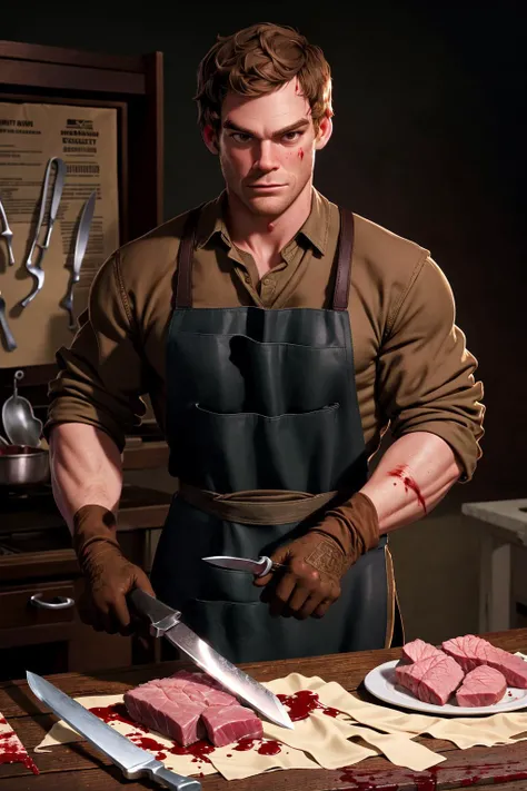 realistic detailed butcher, 1 male, detailed facial features, realistic skin texture, detailed clothing, apron, holding meat cleaver, meat hanging in the background, blood stains, dimly lit environment, dramatic lighting, gritty, dark, cinematic, muted colors, moody atmosphere