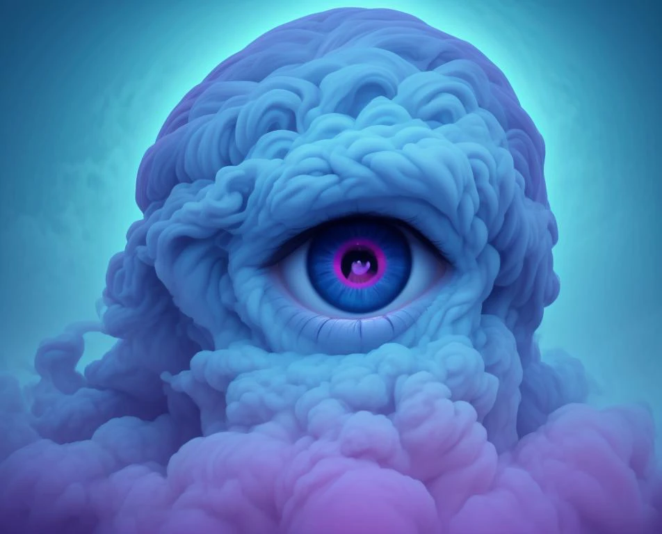eye in the middle of a cloud of volcano smoke,Volcano erupting with eye on top,tons de azul,arte digital inspirada em Cyril Rolando,surrealismo,Portrait of a giant eye in the smoke of a volcano,mystic eye,nuvem de fumo com um olho,surrealismo,<lora:lcm-lora-sdv1-5:1>