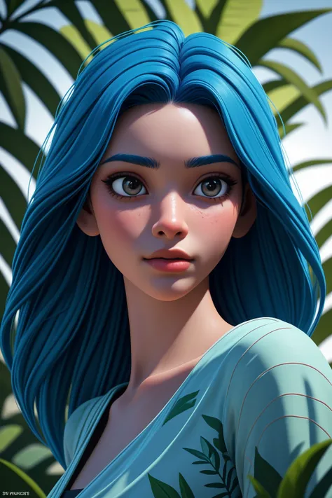 fashion photography portrait of indian girl with blue hair, in lush jungle with flowers, 3d render, cgi, symetrical, octane render, 35mm, bokeh, 9:16, (intricate details:1.12), hdr, (intricate details, hyperdetailed:1.15), (natural skin texture, hyperrealism, soft light, sharp:1.2), detailed, sunlight passing through foliage