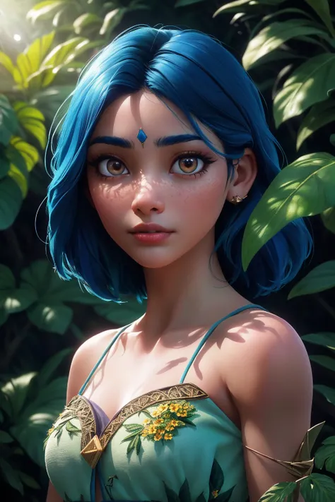 fashion photography portrait of indian girl with blue hair, in lush jungle with flowers, 3d render, cgi, symetrical, octane render, 35mm, bokeh, 9:16, (intricate details:1.12), hdr, (intricate details, hyperdetailed:1.15), (natural skin texture, hyperrealism, soft light, sharp:1.2), detailed, sunlight passing through foliage