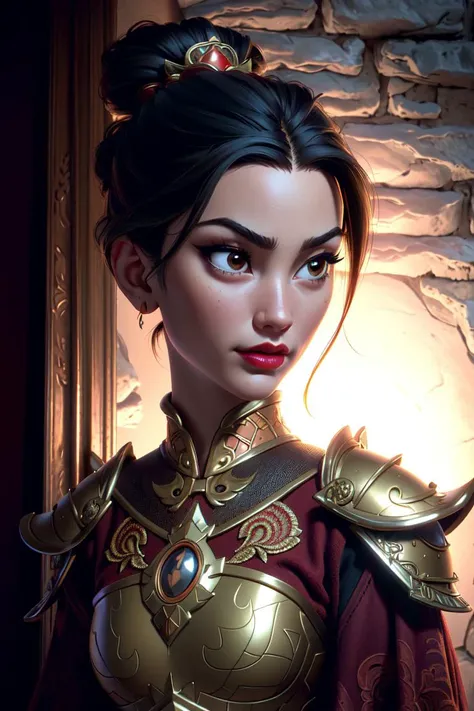 ultra realistic 8k cg, masterpiece, ((ultra detailed background, delicate pattern, intricate detail, highly detailed, fine details best quality, hyperdetailed face)), (photorealistic:1.4),beautiful lighting, absurdres, RAW photo, film grain, Azula, 1girl, solo, black hair, brown eyes, makeup, lipstick, red lips, single hair bun, navel, sidelocks, hair ornament, ((medium breasts, slim girl)), ((armor, chinese clothes, capelet, boots)), ((complex detailed background, inside, dim lighting, moody lighting, inside castle, castle wall, inside, medieval castle environment)), ((close-up, portrait)),  <lora:Azula:0.55>