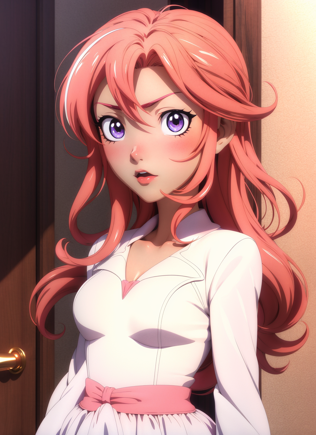 Anime girl with long pink hair and white dress standing in front of a ...