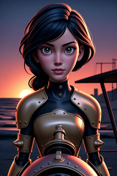 portrait Anime Girl in mechanical armor steampunk cute-fine-face, pretty face, realistic shaded Perfect face, fine details. Anime. Bioshock steampunk realistic shaded lighting by katsuhiro otomo ghost-in-the-shell, magali villeneuve, artgerm, rutkowski Jeremy Lipkin and Giuseppe Dangelico Pino and Michael Garmash and Rob Rey riding a scooter with a sunset background, oil painting in the style of