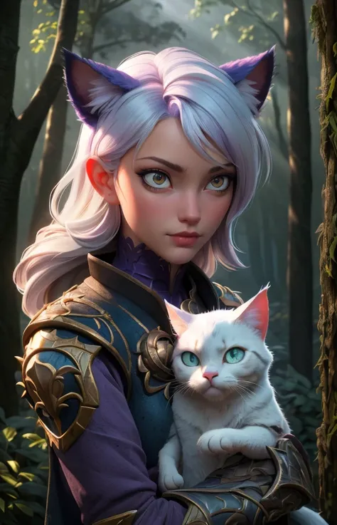 girl holding cat, cat ears, chibi, blue, gold, white, purpple, dragon scaly armor, forest background, fantasy style, (dark shot:1.17), epic realistic, faded, ((neutral colors)), art, (hdr:1.5), (muted colors:1.2), hyperdetailed, (artstation:1.5), cinematic, warm lights, dramatic light, (intricate details:1.1), complex background, (rutkowski:0.8), (teal and orange:0.4), colorfull, (natural skin texture, hyperrealism, soft light, sharp:1.2), (intricate details:1.12), hdr, (intricate details, hyperdetailed:1.15), white hair,