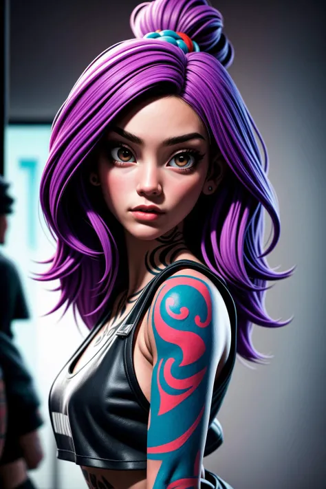 Create a portrait of a young woman with a distinctive and intricate array of tattoos covering her arms, neck, and visible parts of her body, featuring a mix of styles ranging from traditional and tribal to contemporary and geometric, Use a color palette that complements the vibrant and bold nature of tattoos, and capture the essence of the girl's personality through her expression, blending confidence, mystery, and perhaps a hint of rebellion, Pay attention to the fine details of the tattoos, ensuring each one has a unique story and contributes to the overall visual impact of the portrait, Consider placing the girl in an environment that complements the tattooed aesthetic, whether it's an urban setting, an art studio, or a backdrop that enhances the edgy and artistic vibe of the composition, <lora:more_details:0.5>
