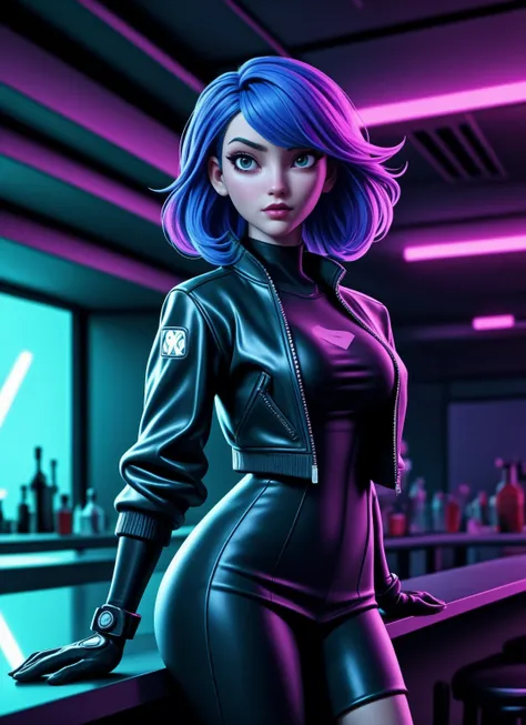 cgmech,
interior medium shot of a beautiful cyberpunk character, women urbansamurai inside a nightclub wearing a (techwear jacket:1.2), that accentuates her curves and gives her a powerful, yet sleek appearance with voluminous, brightly dyed hair, in the style of a Blade Runner aesthetic. The camera angle is positioned just outside the bar area, The nightclub's interior is a mix of industrial and cyberpunk elements and (reflective surfaces:1.2), with neon lights casting a colorful glow throughout the space. Her hair is styled in a thick, voluminous way that catches the light, adding to the futuristic, edgy feel of the scene. The lighting is dim and moody, with neon lights reflecting off the bar's surface and casting shadows on the woman's face, creating a cinematic and atmospheric ambiance,
, ((masterpiece, best quality))<lora:more_details:0.3> simple background