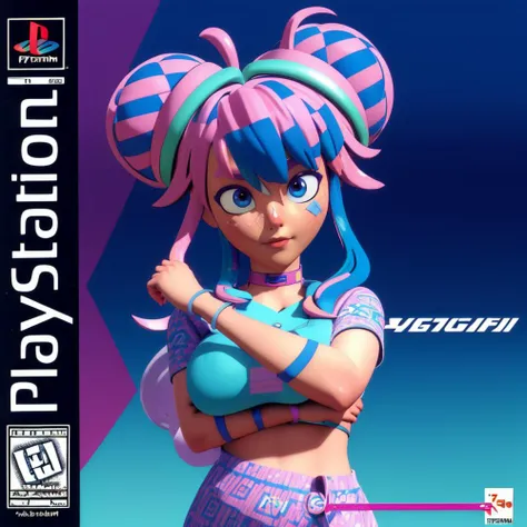 <lora:PS1BoxArtV1.2:1>(box art, logo, photo scan:1.3), full body shot of standing <lora:Yameii:0.8> yameii, solo, breasts, looking at viewer, bangs, blue eyes, shirt, medium breasts, blue hair, pink hair, multicolored hair, choker, virtual youtuber, hair bun, double bun, bandaid, bandaid on face, bandaid on nose, glitch, masterpiece,best quality,vibrant image,sharpness, colorful,perfect eyes, detailed eyes, detailed hair,, (Masterpiece, High Quality:1.3), (stunning hyperrealistic:1.1), (3D:0.65), (cycle render:1.1), trending on cg society, intricate Details, field of view, (sharp focus:0.9), soft egdes, (cinematic lighting:1.1), vibrant colors