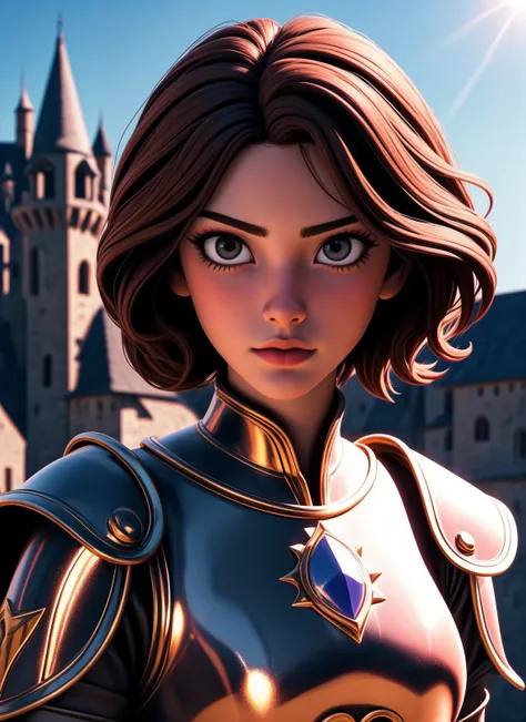 portrait of a girl, the most beautiful in the world, (medieval armor), metal reflections, upper body, outdoors, short hair, brown hair, sunlight, far away castle, professional photograph of a stunning woman detailed, sharp focus, , award winning, cinematic lighting