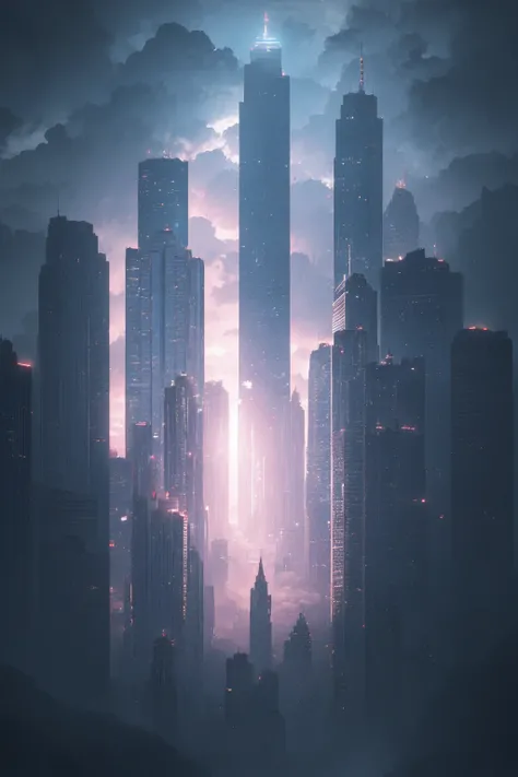 A stormy sky over a cityscape with tall buildings, Tilting, Negative Space, separation light, high key masterpiece, realistic, award winning, volumetric light and fog, neon palette, subsurface scattering, caustics, bloom, perfect exposure, perfect composition, rule of thirds, 8k, hdr10, cinematic, breathtaking, ray tracing <lora:add_detail:0.85> <lora:neon_palette_offset:1>