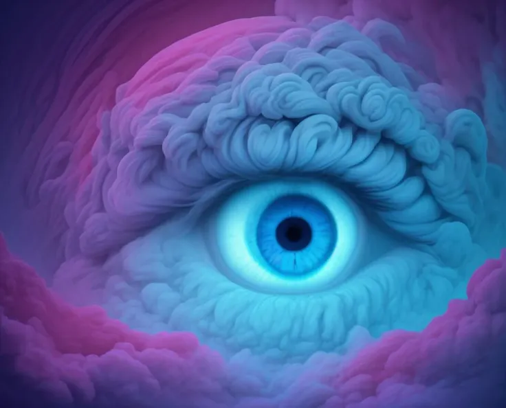 eye in the middle of a cloud of volcano smoke,Volcano erupting with eye on top,tons de azul,arte digital inspirada em Cyril Rolando,surrealismo,Portrait of a giant eye in the smoke of a volcano,mystic eye,nuvem de fumo com um olho,surrealismo,<lora:lcm-lora-sdv1-5:1>