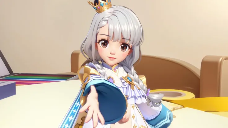 cute girl, masterpiece, high quality best quality, 1girl, princess with white dress silver hair and crown on head, Princess, intricate, detailed, sharp, photorealistic, CG, dynamic lighting, high contrast, HDR, kawaii