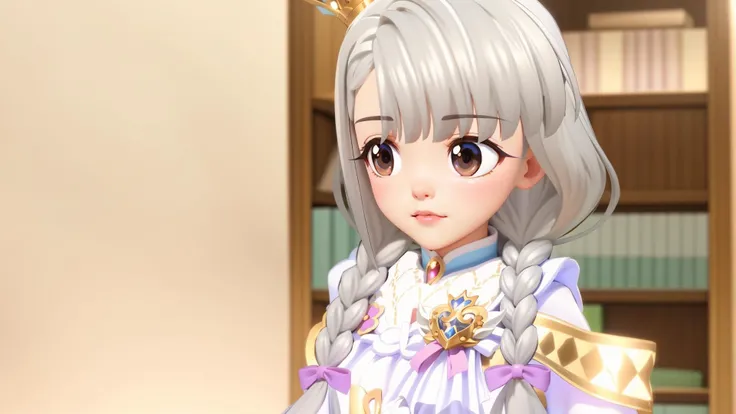 cute girl, masterpiece, high quality best quality, 1girl, princess with white dress silver hair and crown on head, Princess, intricate, detailed, sharp, photorealistic, CG, dynamic lighting, high contrast, HDR, kawaii