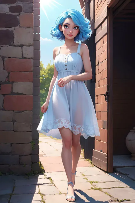 best quality, masterpiece, sharp focus, high resolution, ultra-detailed, 8k, 1girl, solo, wonderfully detailed full body illustration of beautiful woman wearing a white sundress, short curly hair, light blue hair, outside, daytime, sunlight