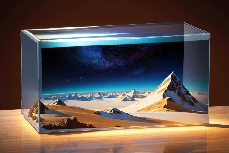 (masterpiece), (best quality), HDR, detailed background,
BREAK,
glass box suspended in space, bed in the middle