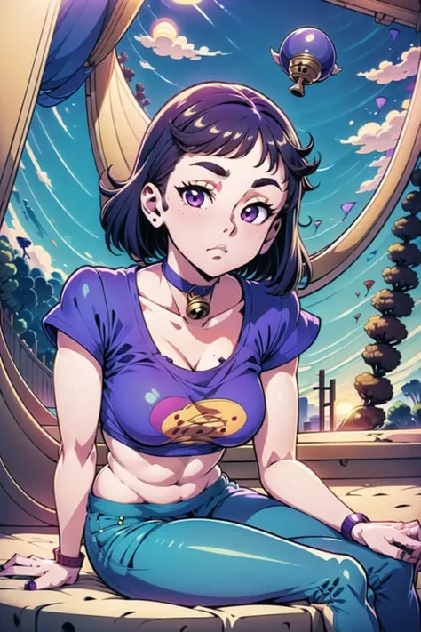 girl,(oni:1.3), Cloudy,Stadium Background,Venus Body,Breasts Apart,Lying face down, head toward the camera,Medium Hair,Thatch hair,(purple T-shirt,blue Parachute Pants:1.3),jojo no kimyou na bouken,Bell Choker ,(masterpiece,detailed,highres:1.4) <lora:underwater:0.8>
