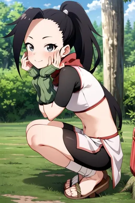 masterpiece, best quality, <lora:kunoichi_tsubaki:0.7> kunoichi_tsubaki, 1girl, long hair, looking at viewer, black hair, navel, closed mouth, ponytail, outdoors, black eyes, tree, crop top, pelvic curtain, forest, red scarf, arm warmers, bike shorts, smile, sunlight, squatting, hands on own face, full-face blush, from side, sandals, black sleeves,
