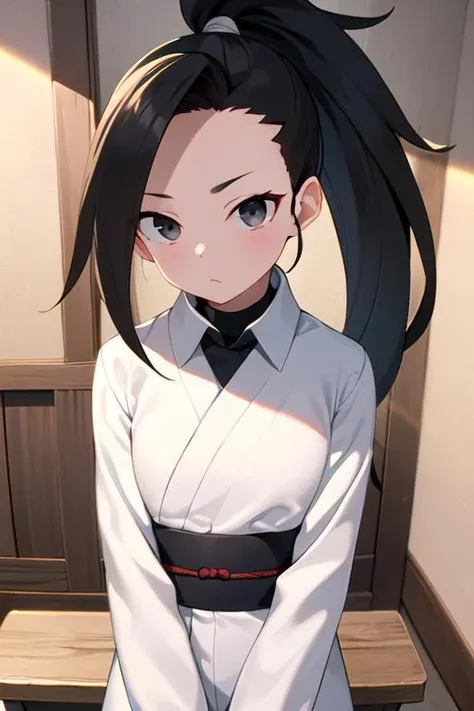 masterpiece, best quality, <lora:kunoichi_tsubaki:0.7> kunoichi_tsubaki, 1girl, long hair, looking at viewer, black hair, ponytail, black eyes, sunlight, indoors, white coat, collared shirt,