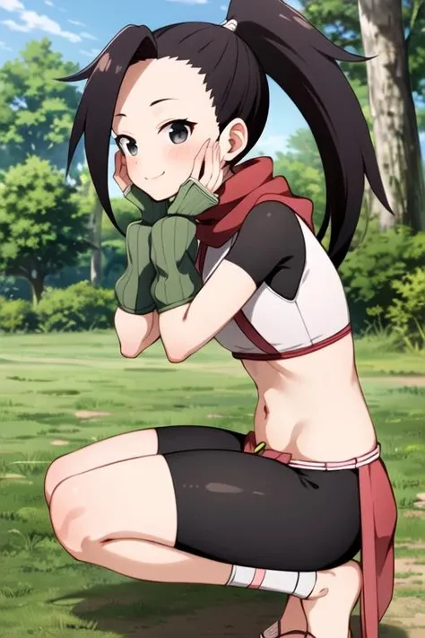 masterpiece, best quality, <lora:kunoichi_tsubaki:0.7> kunoichi_tsubaki, 1girl, long hair, looking at viewer, black hair, ponytail, outdoors, black eyes, tree, crop top, pelvic curtain, forest, red scarf, arm warmers, bike shorts, smile, black sleeves, short sleeves, upper body, sunlight, open mouth, blush, surprised, hands on own face,