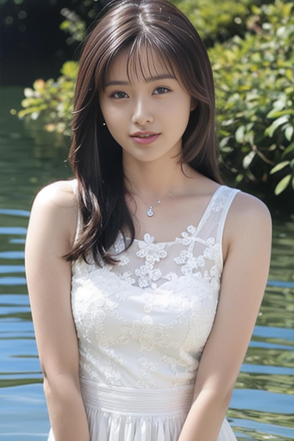 A woman in a white dress standing in front of a body of water - SeaArt AI