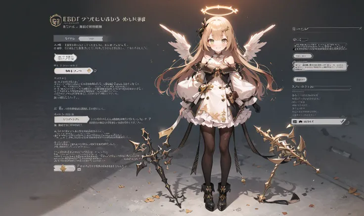 masterpiece,bestquality,extremelydetailedCGunity8kwallpaper,
black background,full body,
1girl,solo,young,
amber eyes,blond hair,
long hair,long sidelock,(complex halo|Suspended Gem|Incantation),
Age:18,height:178,(breasts:0.1),
smile,standing,
(white Off Shoulder Dress:0.7|black:0.16|gold lace),
(short white-boots:0.87),(black pantyhose:1.2),
(angel wings:1.2),white gloves,